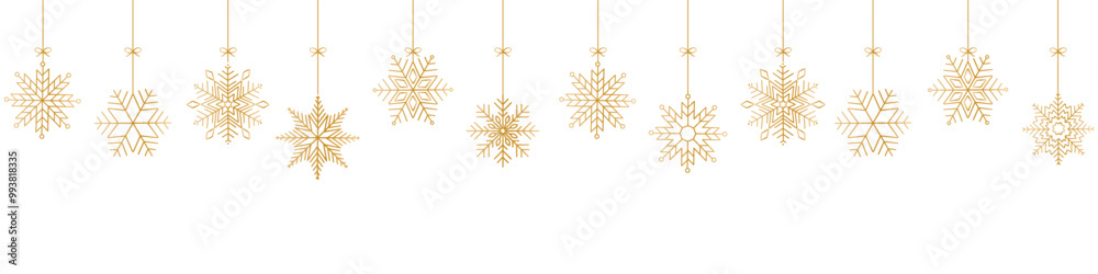 Snowflake seamless border. Golden glitter background with falling glitter confetti and snowflakes. Simple hanging golden christmas snowflake seamless border . Christmas background. Snowflake seamless border. Golden glitter background with falling glitter confetti and snowflakes. Simple hanging golden christmas snowflake seamless border . Christmas background.