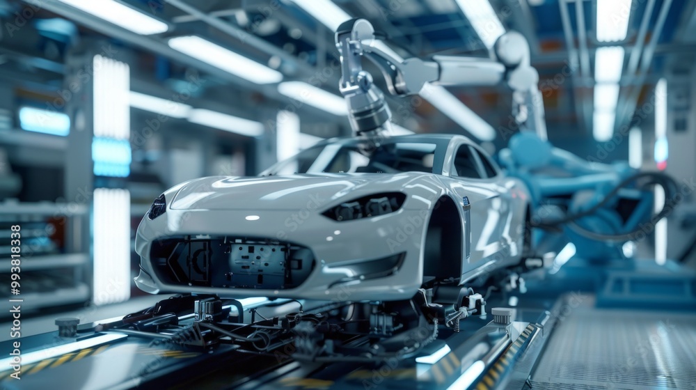 A futuristic car factory with automated assembly, robotic arms, and human workers overseeing production, representing advanced technology integration. A futuristic car factory with automated assembly, robotic arms, and human workers overseeing production, representing advanced technology integration.