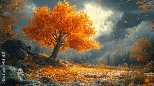A stunning autumn scene featuring a vibrant orange tree surrounded by colorful leaves and dramatic clouds. Perfect for showcasing nature's beauty