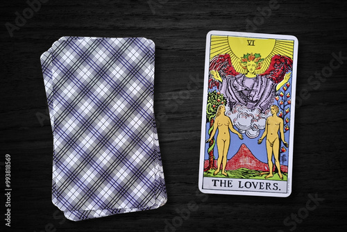 Billede på lærred Carte de tarot Les Amoureux (The Lovers) du jeu Rider-Waite, représentant l'amour, l'harmonie et les choix spirituels