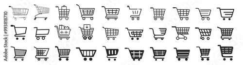 Shopping cart icon set isolated on transparent background. Shopping cart web icons in line style. Shop basket, mobile shop, online store, bag, add, collection.