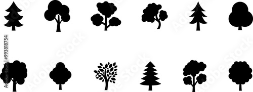 The Trees with the Most Vibrant Fall Leaf Colors. Tree icon, simple silhouettes. Forest. Flat trees set, pines, spruces, conifers and deciduous trees. Autumn Leafs isolated vector illustration.