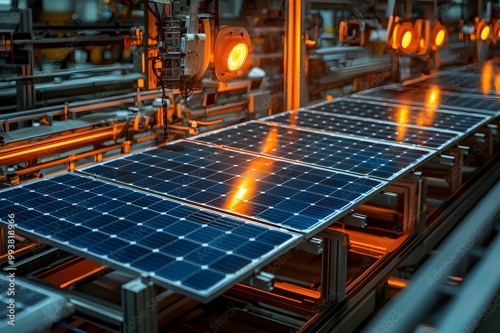 Manufacturing solar panels in a high-tech facility at dusk Manufacturing solar panels in a high-tech facility at dusk