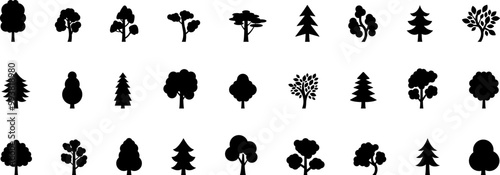 The Trees with the Most Vibrant Fall Leaf Colors. Tree icon, simple silhouettes. Forest. Flat trees set, pines, spruces, conifers and deciduous trees. Autumn Leafs isolated vector illustration.