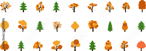 The Trees with the Most Vibrant Fall Leaf Colors. Tree icon, simple silhouettes. Forest. Flat trees set, pines, spruces, conifers and deciduous trees. Autumn Leafs isolated vector illustration.
