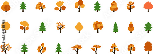 The Trees with the Most Vibrant Fall Leaf Colors. Tree icon, simple silhouettes. Forest. Flat trees set, pines, spruces, conifers and deciduous trees. Autumn Leafs isolated vector illustration.