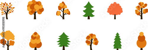 The Trees with the Most Vibrant Fall Leaf Colors. Tree icon, simple silhouettes. Forest. Flat trees set, pines, spruces, conifers and deciduous trees. Autumn Leafs isolated vector illustration.