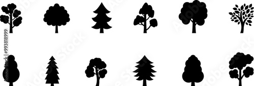 The Trees with the Most Vibrant Fall Leaf Colors. Tree icon, simple silhouettes. Forest. Flat trees set, pines, spruces, conifers and deciduous trees. Autumn Leafs isolated vector illustration.