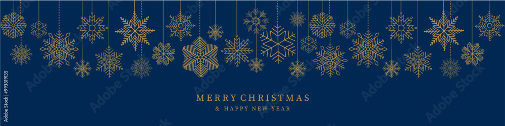 Snowflake seamless border. Christmas and Happy New Year background. Simple hanging  golden christmas snowflake seamless border .Holiday christmas decoration. New Year seamless banner 