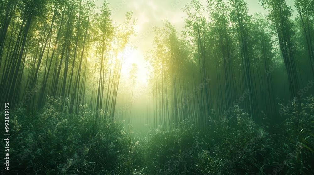 Obraz premium tranquil bamboo forest bathed in soft morning light with mist swirling around the tall green stalks creating a serene and peaceful atmosphere immersed in nature