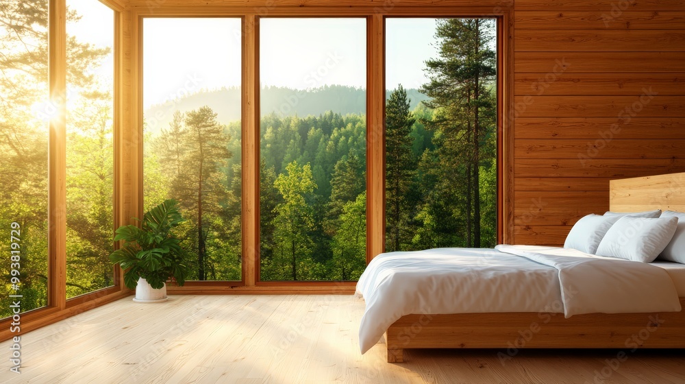 Cozy wooden bedroom with large windows showcasing a stunning forest view at sunrise, featuring a minimalistic and serene interior design. Cozy wooden bedroom with large windows showcasing a stunning forest view at sunrise, featuring a minimalistic and serene interior design.