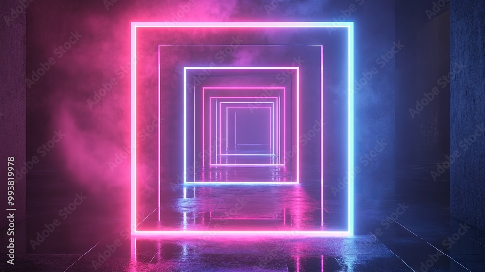 Glowing Neon Light Square Frames in Dark Background. AI generated illustration Glowing Neon Light Square Frames in Dark Background. AI generated illustration