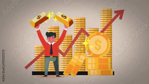 Smart businessman celebrates success with charts and stacks of gold while holding gold bars