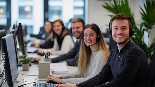 Smiling Customer Service Team Wearing Headsets in Bright Office photo