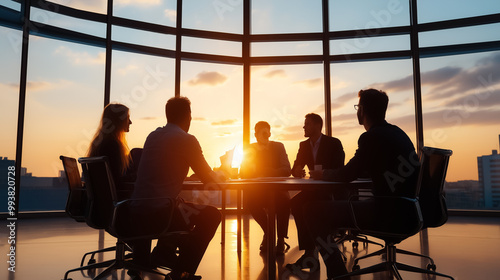 Business team in a conference room silhouetted against a sunset, discussing strategies and planning.