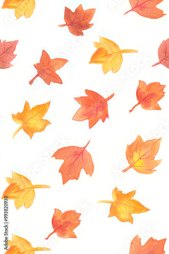 Watercolor illustration fall leaves orabge yellow red ornate 