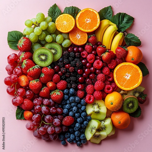 Vibrant circular arrangement of fresh fruits, ideal for Thanksgiving and Halloween themed promotions, holiday cards, or festive decorations.