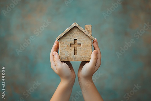 A serene image of a wooden house-shaped block with a cross, perfect for Thanksgiving and Halloween themes, symbolizing faith and togetherness in celebrations.