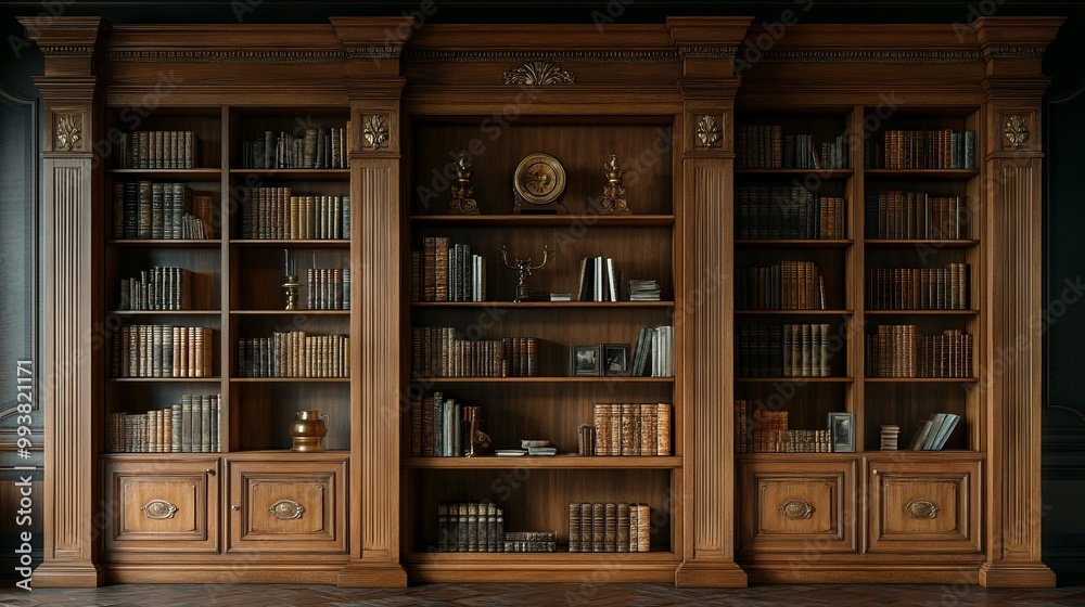 Classical Wooden Bookcase Filled with Books Against Dark Background. AI generated illustration Classical Wooden Bookcase Filled with Books Against Dark Background. AI generated illustration