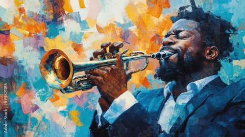 A lively scene of African American culture, featuring jazz musicians performing in a vibrant urban setting with colorful murals in the background