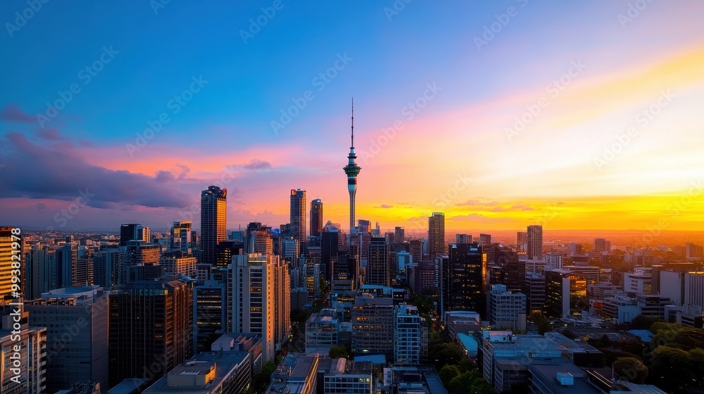 Obraz premium Urban Sunset: City Skyline at Golden Hour