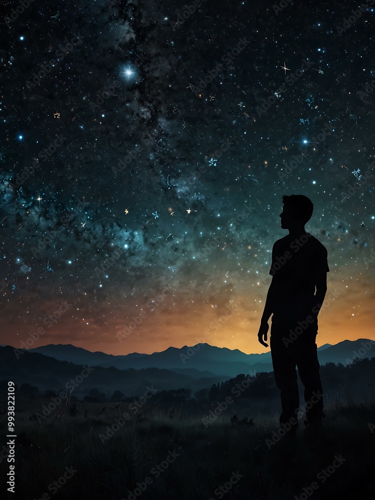 Concept depicting zodiac signs with a silhouette of a man gazing at a starry sky. Concept depicting zodiac signs with a silhouette of a man gazing at a starry sky.