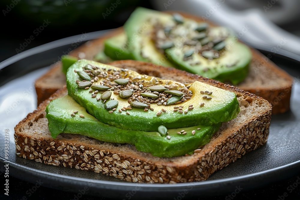 Delicious avocado toast topped with seeds on whole grain bread Delicious avocado toast topped with seeds on whole grain bread