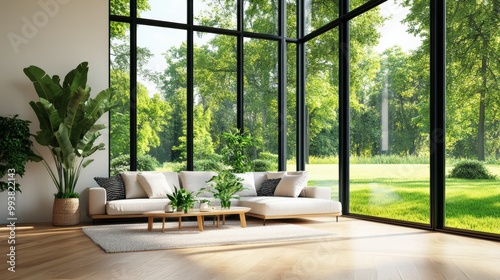 Elegant living room with large windows offering a stunning view of a lush green garden, furnished with modern sofas and indoor plants.