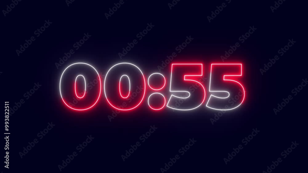 Neon Light 60 Seconds Countdown on black background. Timer from 60 to 0 seconds. Neon Light 60 Seconds Countdown on black background. Timer from 60 to 0 seconds.