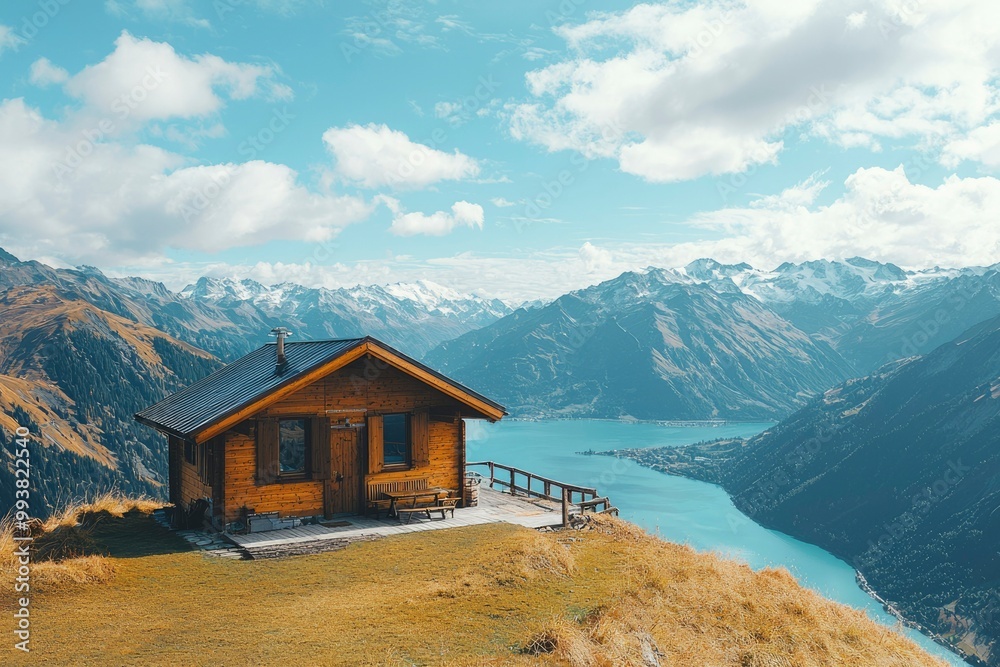 Fototapeta premium Wooden Cabin Perched on Mountainside Overlooking a Lake and Snowy Peaks