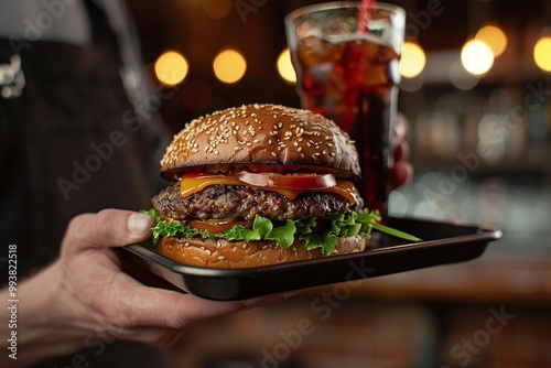 ai generative hand carrying tray containing burger and cola