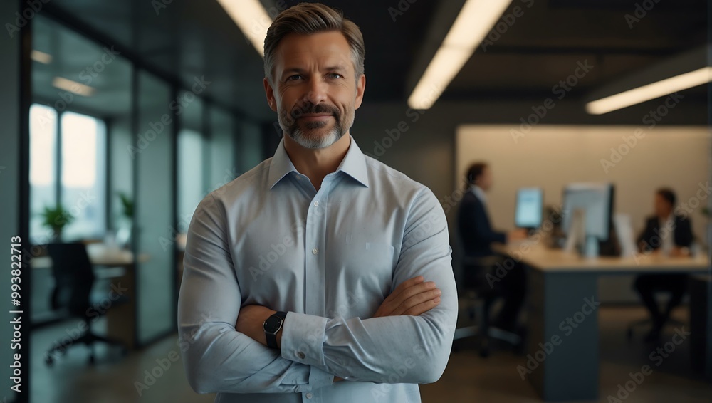 Confident CEO standing with arms crossed in a sleek office. Confident CEO standing with arms crossed in a sleek office.