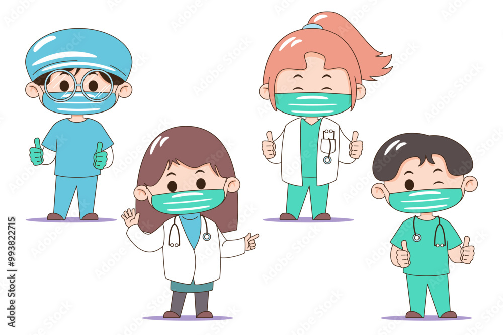 Illustration of four healthcare workers in uniforms and masks, representing medical teamwork and safety. Illustration of four healthcare workers in uniforms and masks, representing medical teamwork and safety.