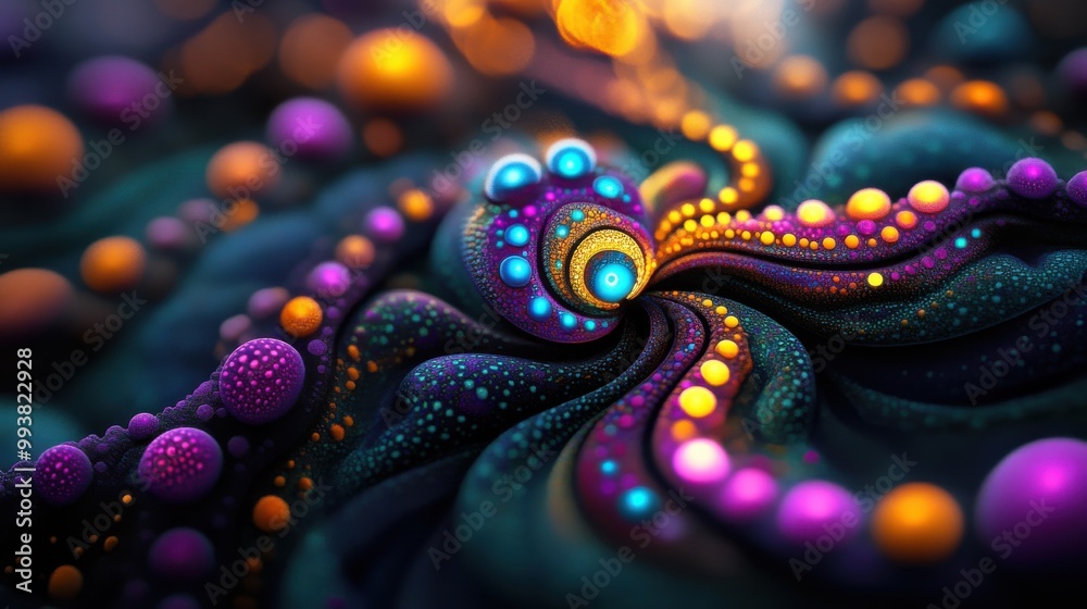 Obraz premium Vibrant Purple Octopus in a Colorful Underwater Scene with Bubbly Spheres and Diverse Marine Life