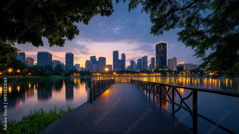 Tranquil Nighttime Scene: Calm Water and City Reflections on a Dock. Tranquil Nighttime Scene: Calm Water and City Reflections on a Dock.
