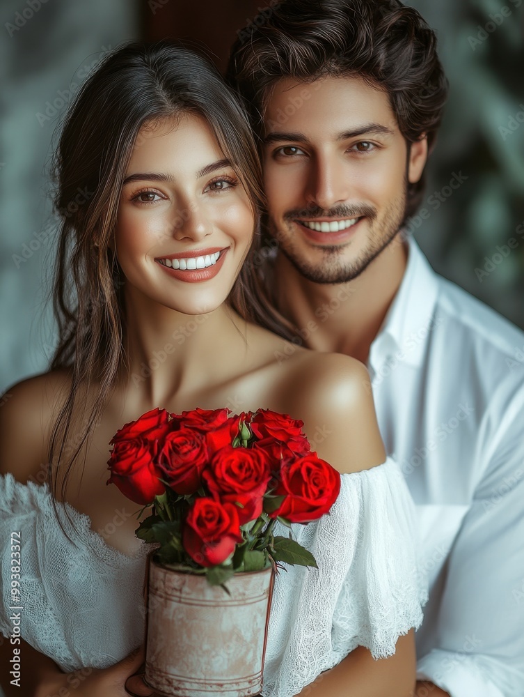 Couple Shares Tender Moment Holding Red Roses Couple Shares Tender Moment Holding Red Roses