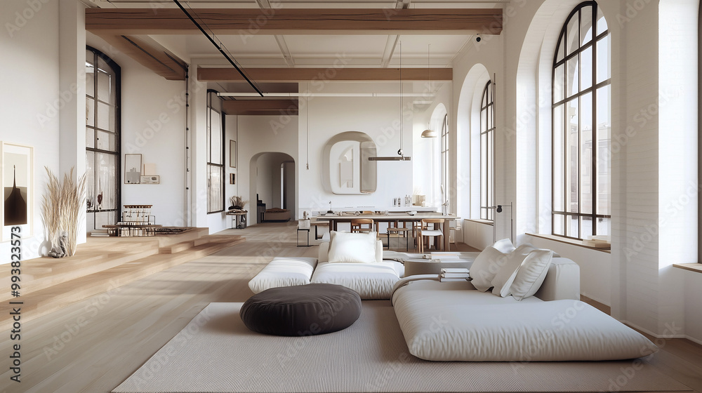 Airy loft space with high ceilings, wooden flooring, and a minimalist layout featuring neutral-colored decor Airy loft space with high ceilings, wooden flooring, and a minimalist layout featuring neutral-colored decor