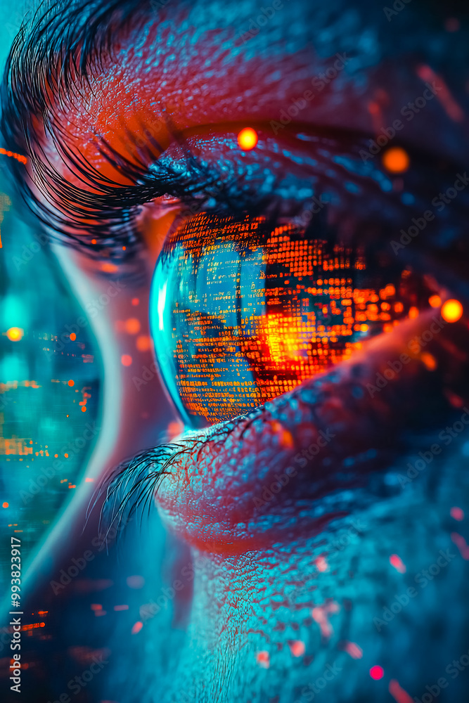Close-up of a professional's eye reflecting holographic data and code. Close-up of a professional's eye reflecting holographic data and code.