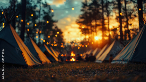 An American Civil War reenactment campsite, with tents, campfires, and actors in historical dress preparing for the day's battle photo