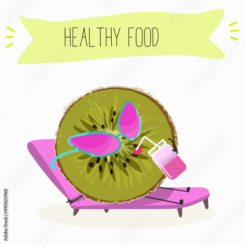 Kiwi character, tropical exotic fruit, vector isolated food icon, funny character. Hand drawn vector.