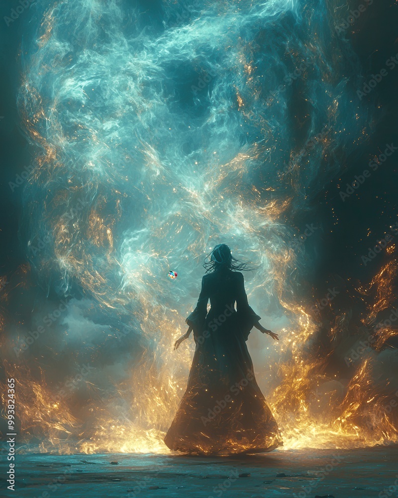 Enigmatic Figure Surrounded by Fiery Elements Enigmatic Figure Surrounded by Fiery Elements