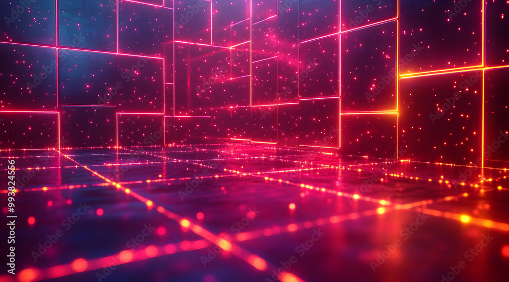 Abstract Background with Neon Lights and Glowing Particles - 3D Illustration