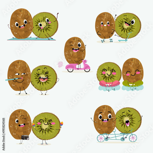 Kiwi character, tropical exotic fruit, vector isolated food icon, funny character. Hand drawn vector.