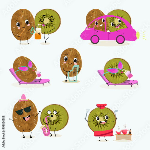 Kiwi character, tropical exotic fruit, vector isolated food icon, funny character. Hand drawn vector.