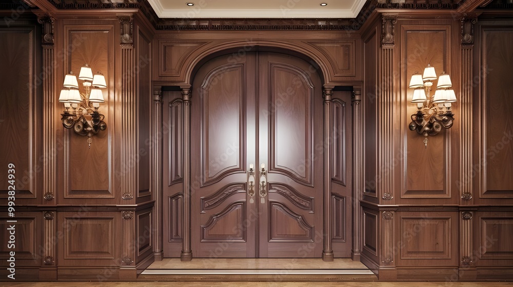Classic Wood Paneling Interior Design with Double Doors and Sconces ...