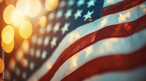 The American flag flying over a historic monument at sunset, with golden light illuminating its stars and stripes