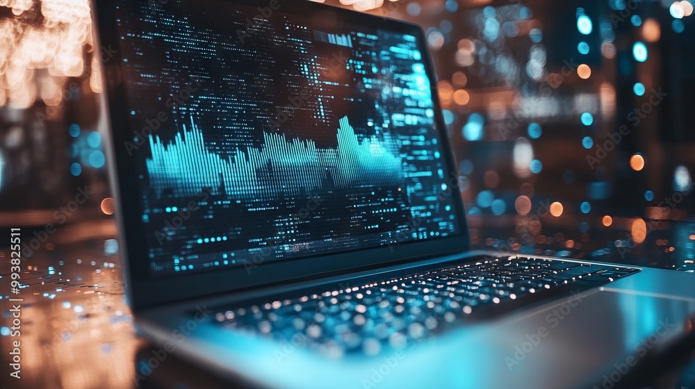 Laptop Computer with Sound Waves and Data Visualizations. AI generated illustration