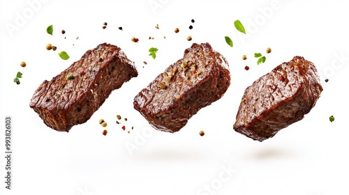 Juicy beef steaks are flying through the air, against a plain white background. This image is all about the deliciousness and speed of barbequed meat. photo