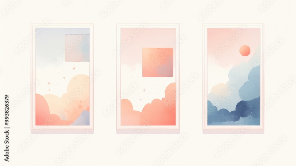 Trio of Vertical Poster Frames Featuring Abstract Watercolor Backgrounds in Pastel Colors with Simple Shapes on a Light Grey Backdrop Trio of Vertical Poster Frames Featuring Abstract Watercolor Backgrounds in Pastel Colors with Simple Shapes on a Light Grey Backdrop