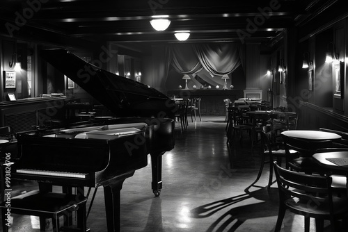 Grand piano standing on stage of an empty jazz club photo